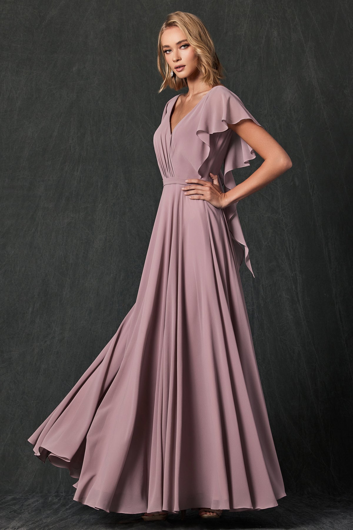 Flutter Sleeve Cascade Back Chiffon Long Bridesmaid Dress JT261-Bridesmaid Dress-smcfashion.com