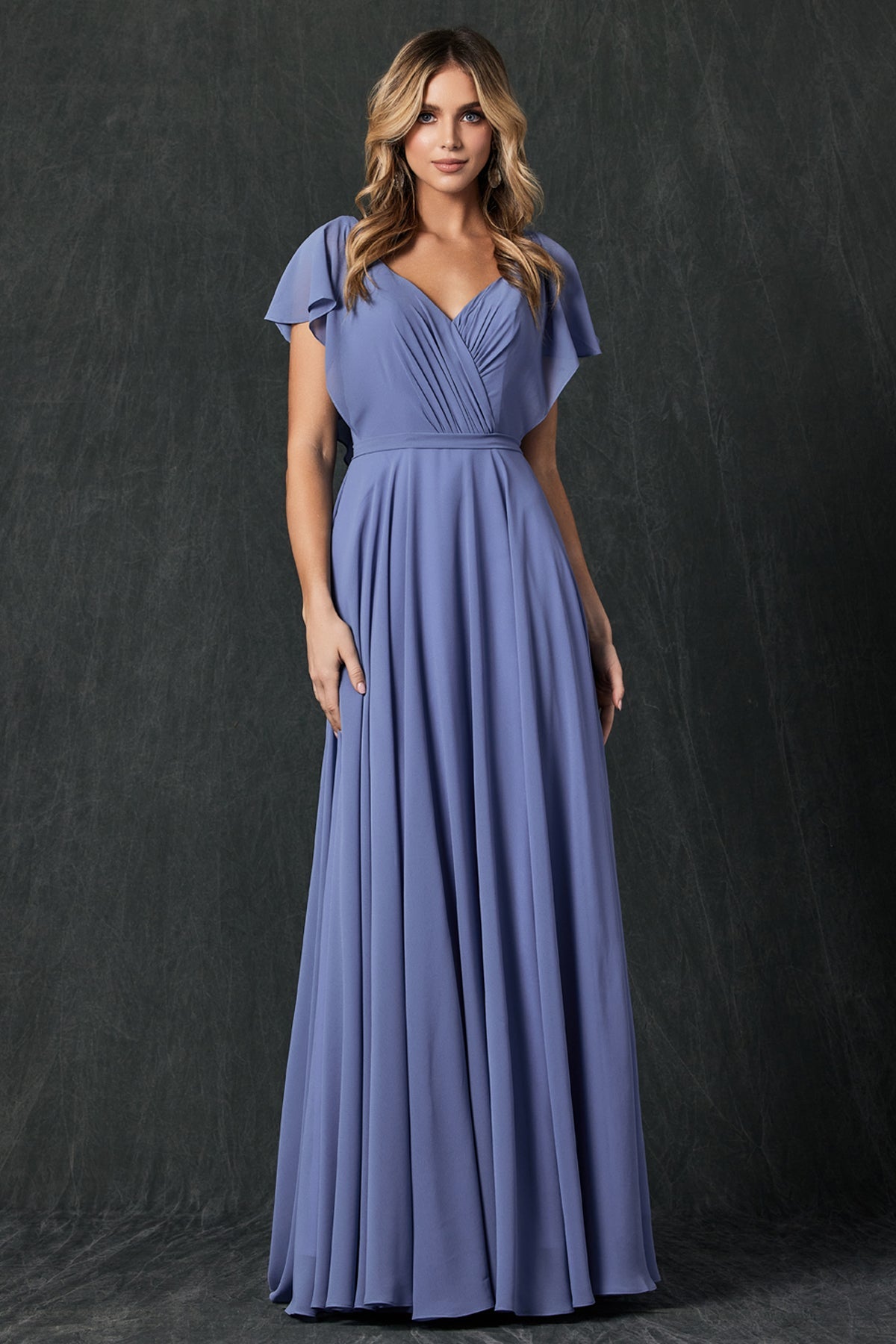 Flutter Sleeve Cascade Back Chiffon Long Bridesmaid Dress JT261-Bridesmaid Dress-smcfashion.com