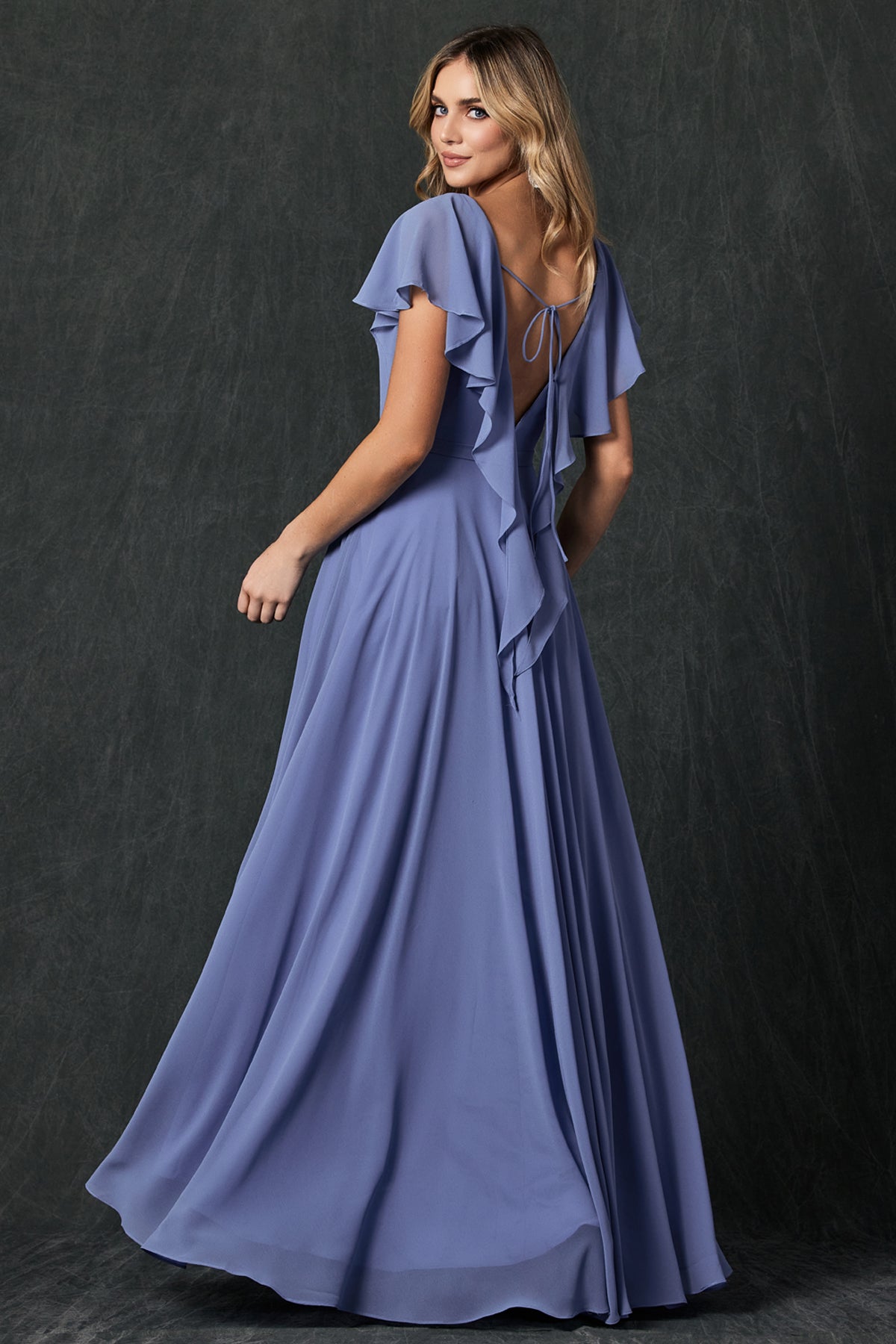 Flutter Sleeve Cascade Back Chiffon Long Bridesmaid Dress JT261-Bridesmaid Dress-smcfashion.com