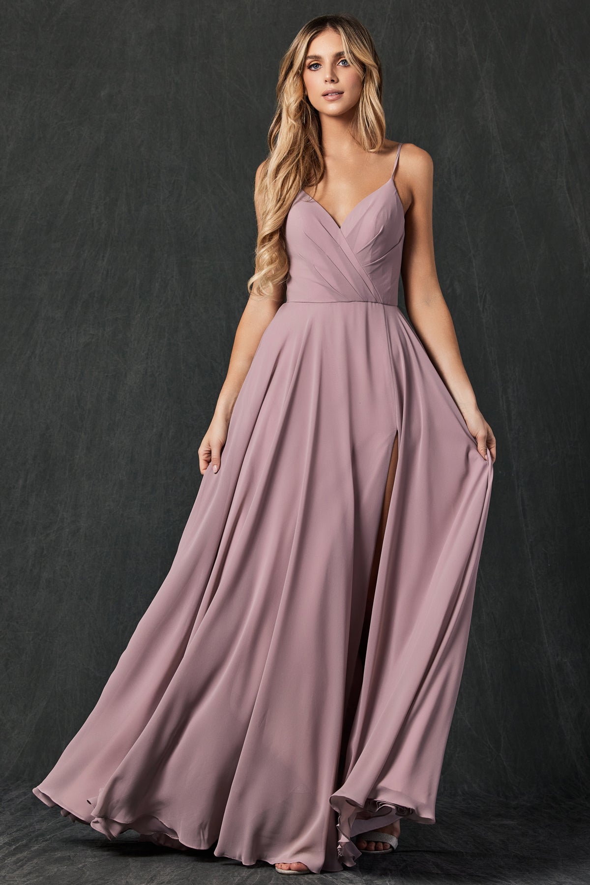 Chiffon V-Neck Open Back Side Slit Straps Long Bridesmaid Dress JT263-Bridesmaid Dress-smcfashion.com