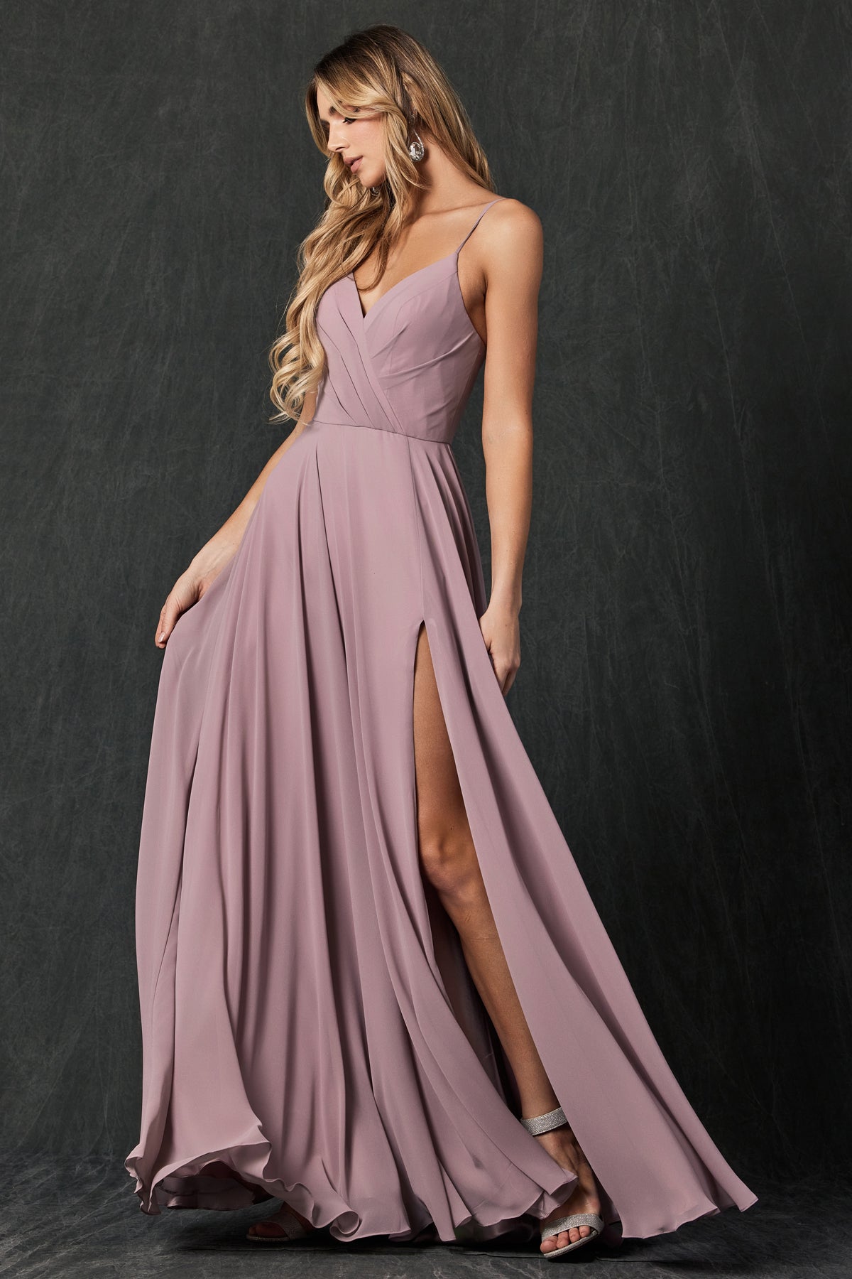 Chiffon V-Neck Open Back Side Slit Straps Long Bridesmaid Dress JT263-Bridesmaid Dress-smcfashion.com