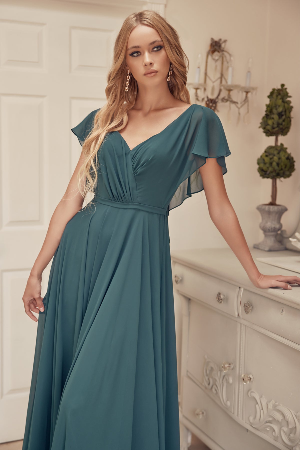 Flutter Sleeve Cascade Back Chiffon Long Bridesmaid Dress JT261-Bridesmaid Dress-smcfashion.com