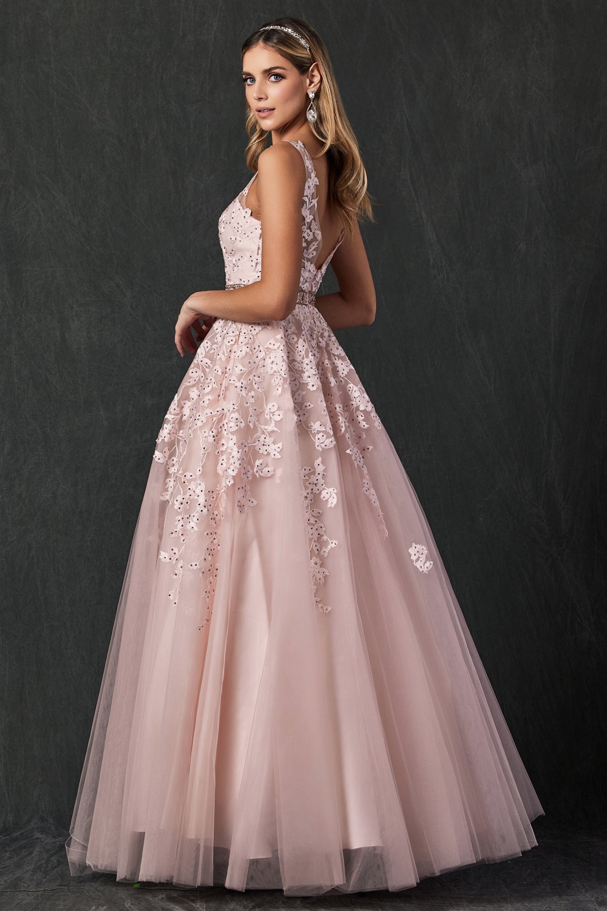 Embroidered Lace Embellished Jewel Waist Long Prom Dress JT224-Prom Dress-smcfashion.com