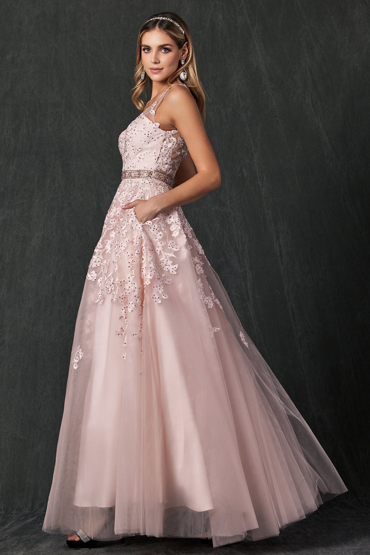 Embroidered Lace Embellished Jewel Waist Long Prom Dress JT224-Prom Dress-smcfashion.com