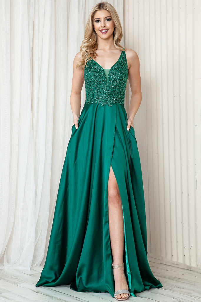 Front Slit Embroidered Bodice Straps Satin Skirt Long Prom Dress AC6120