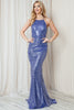 Embroidered Sequins Halter Open Criss Cross Back Long Prom Dress AC5043