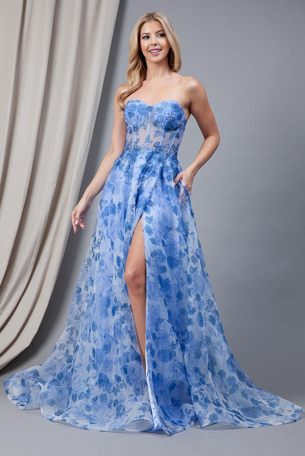 Floral Strapless Side Slit Embellished Jewel Long Prom Dress AC2106-Prom Dress-smcfashion.com