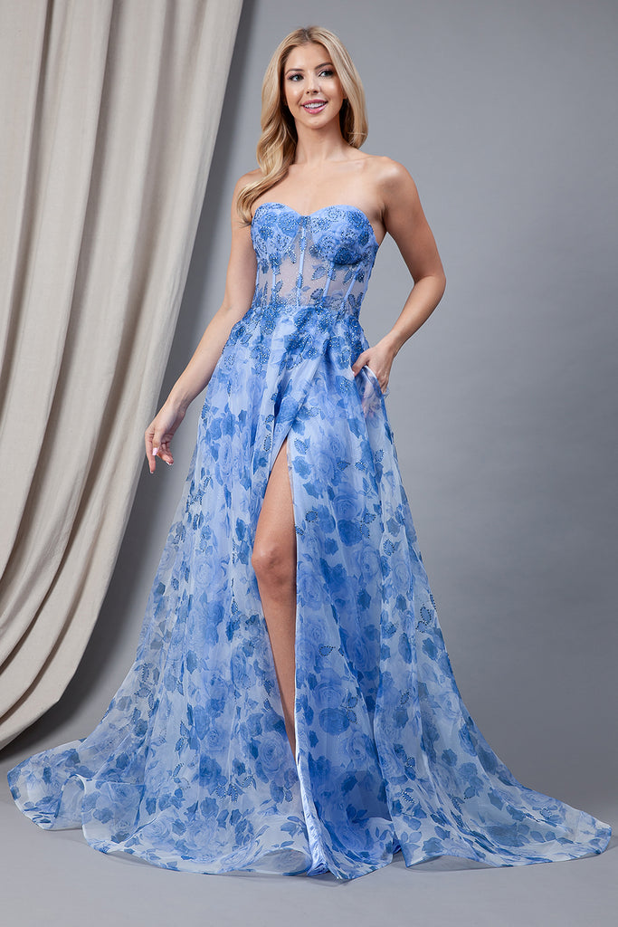 Floral Strapless Side Slit Embellished Jewel Long Prom Dress AC2106