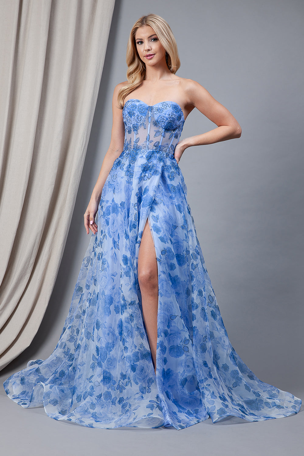 Exceptional Sight Light Blue Floral Lace-Up Strapless Maxi Dress