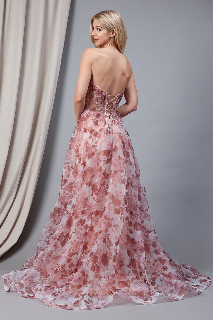 Floral Strapless Side Slit Embellished Jewel Long Prom Dress AC2106