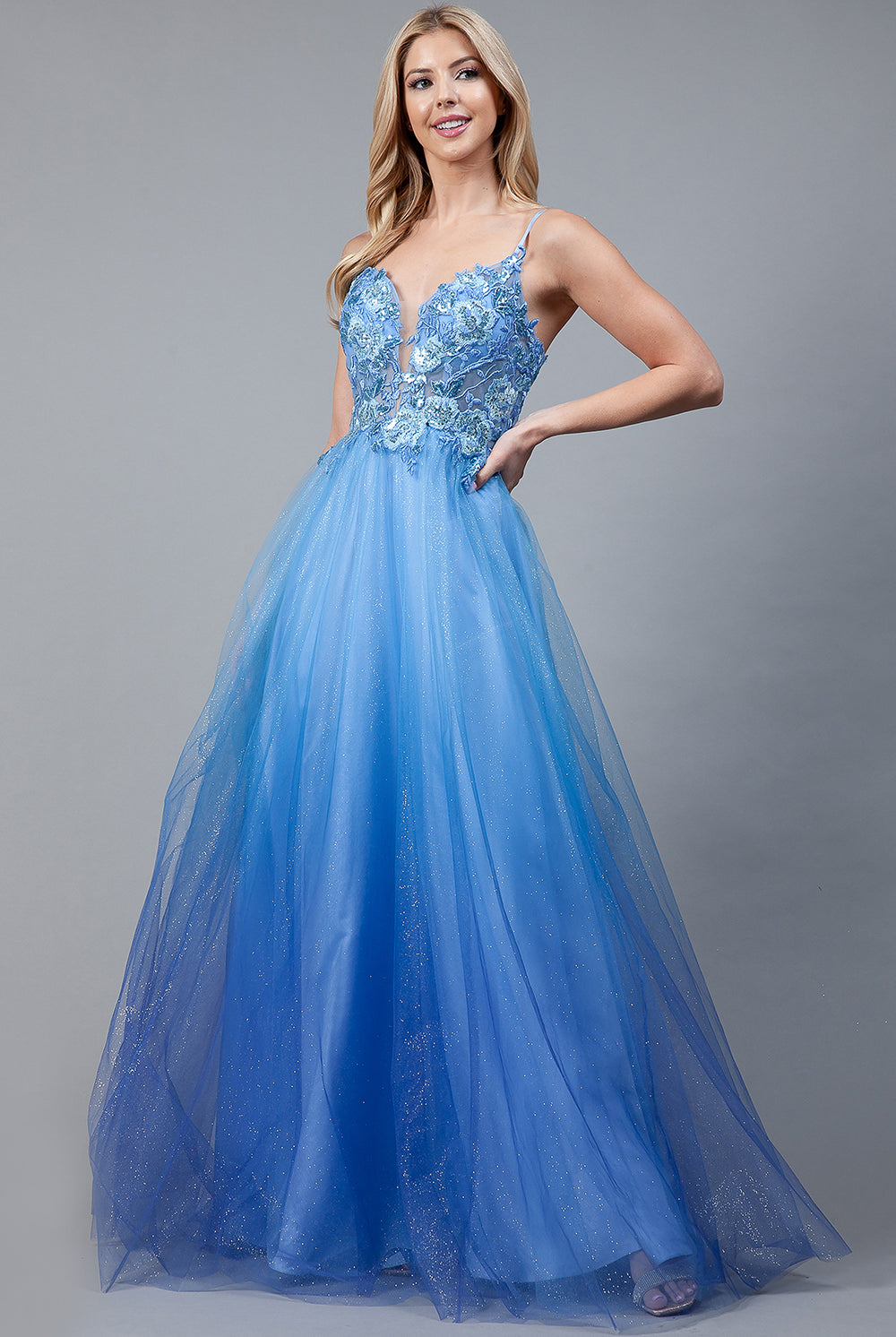 Embroidered Lace Bodice Tulle Glittering Skirt Long Prom Dress AC5040-Prom Dress-smcfashion.com