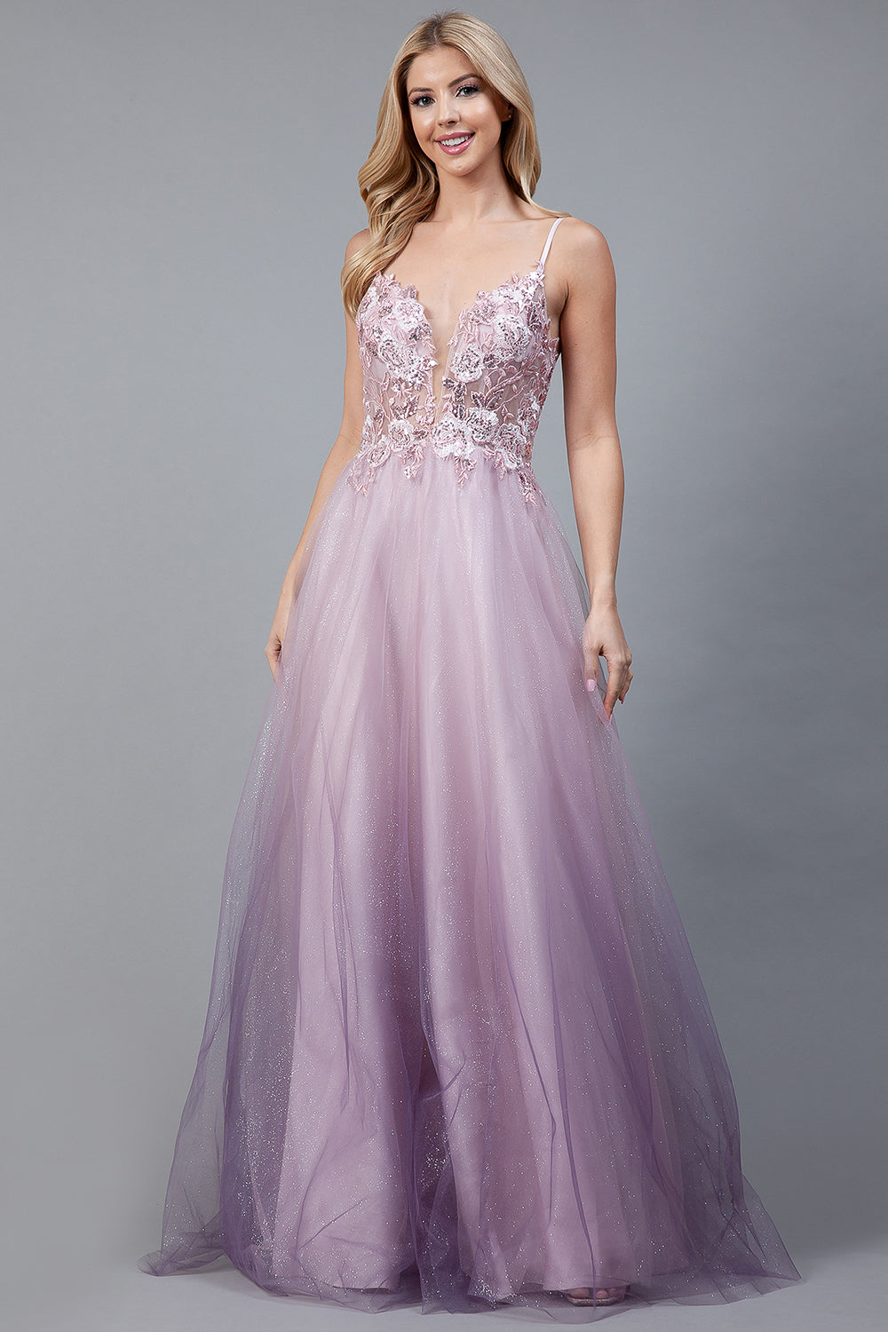Embroidered Lace Bodice Tulle Glittering Skirt Long Prom Dress AC5040-Prom Dress-smcfashion.com