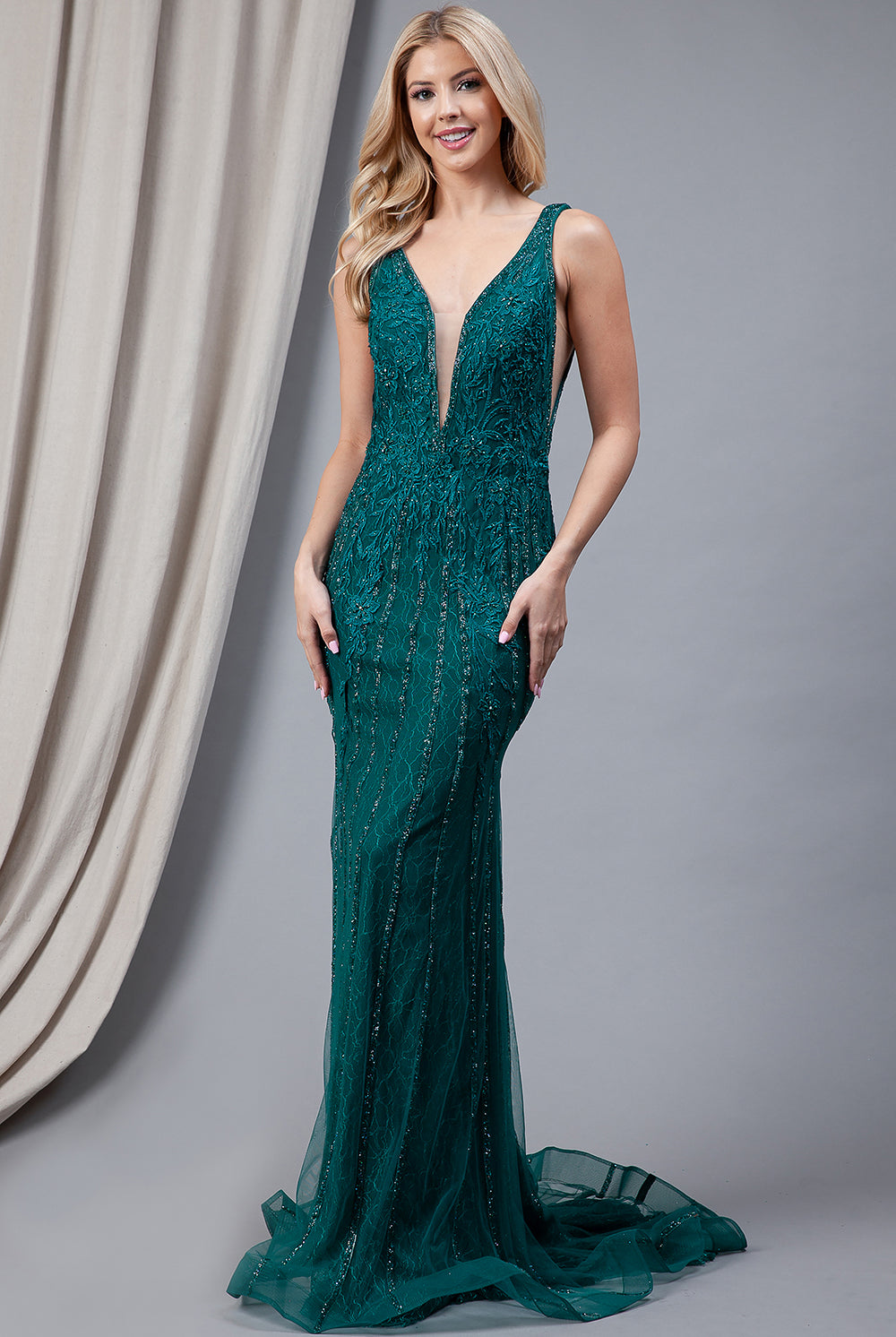 Illusion V-Neck Straps All-Over Vertical Rhinetone Pattern Long Prom Dress AC2103-Prom Dress-smcfashion.com