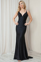 Satin Spaghetti Straps Trumpet V-Neck Detailed Open Back Long Prom Dress ACBZ018-Prom Dress-smcfashion.com