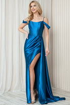 Off Shoulder Satin Side Slit Straps Long Evenin & Prom Dress AC5047-Evening Dress-smcfashion.com
