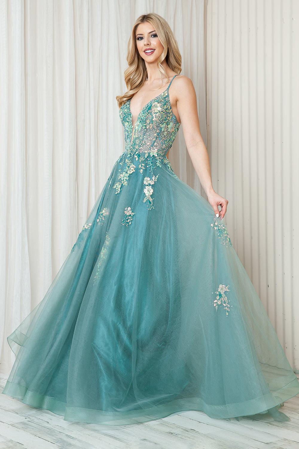 Tulle Skirt Embroidered Lace High Side Slit Long Prom Dress ACTM1003-Prom Dress-smcfashion.com