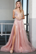 Tulle Skirt Embroidered Lace High Side Slit Long Prom Dress ACTM1003-Prom Dress-smcfashion.com