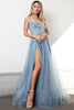Embroidered Lace Bodice Side Slit Tulle Skirt Long Prom Dress ACTM1004