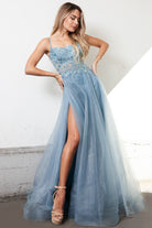 Embroidered Lace Bodice Side Slit Tulle Skirt Long Prom Dress ACTM1004-Prom Dress-smcfashion.com