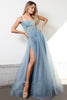 Embroidered Lace Bodice Side Slit Tulle Skirt Long Prom Dress ACTM1004