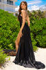 Sheer Embroidered Bodice Satin Open Criss Cross Back Long Prom Dress ACBZ020