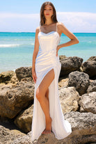 Side Slit Cowl Neck Satin Spaghetti Straps Long Prom Dress AC20115-Prom Dress-smcfashion.com
