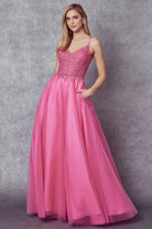 Tulle Skirt Embroidered Bodice Open Criss Cross Back Long Prom Dress JT268-Prom Dress-smcfashion.com