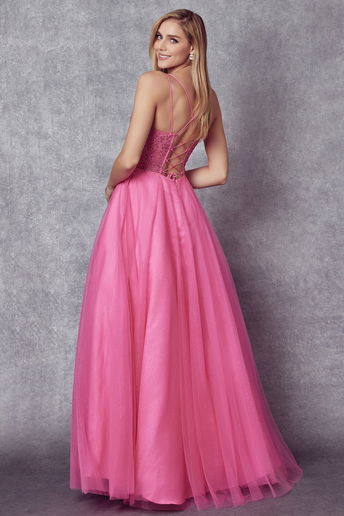 Tulle Skirt Embroidered Bodice Open Criss Cross Back Long Prom Dress JT268-Prom Dress-smcfashion.com