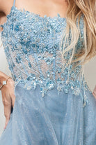 Embroidered Lace Bodice Side Slit Tulle Skirt Long Prom Dress ACTM1004-Prom Dress-smcfashion.com