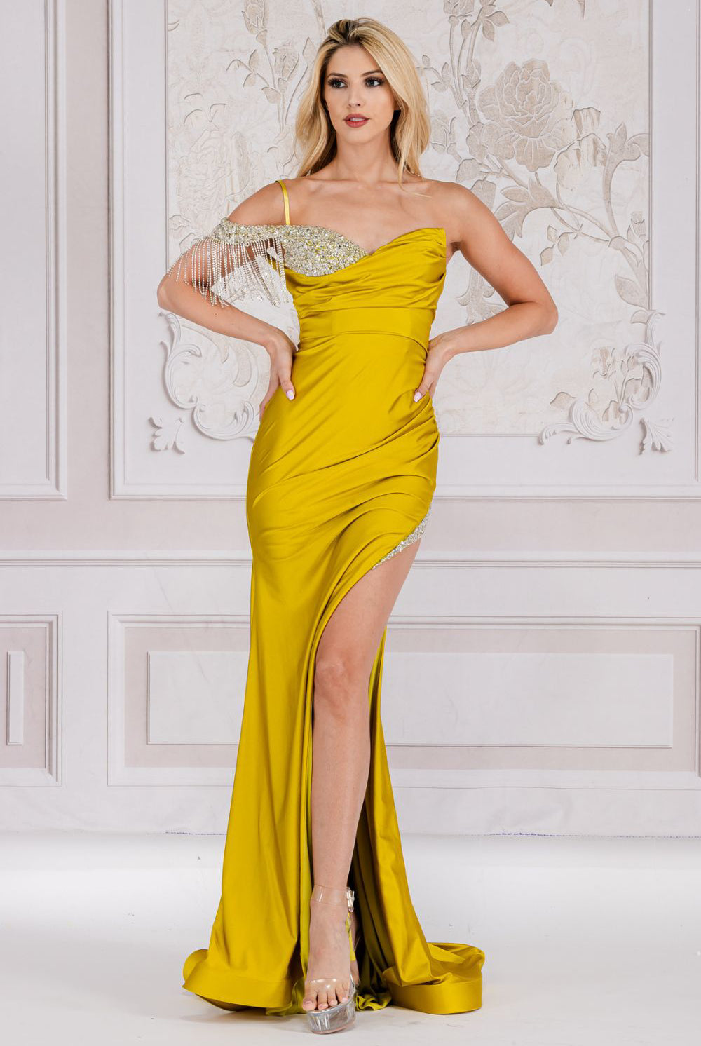 Spaghetti Straps High Side Slit Embellished Jewel Long Prom Dress AC3017-Evening Dress-smcfashion.com