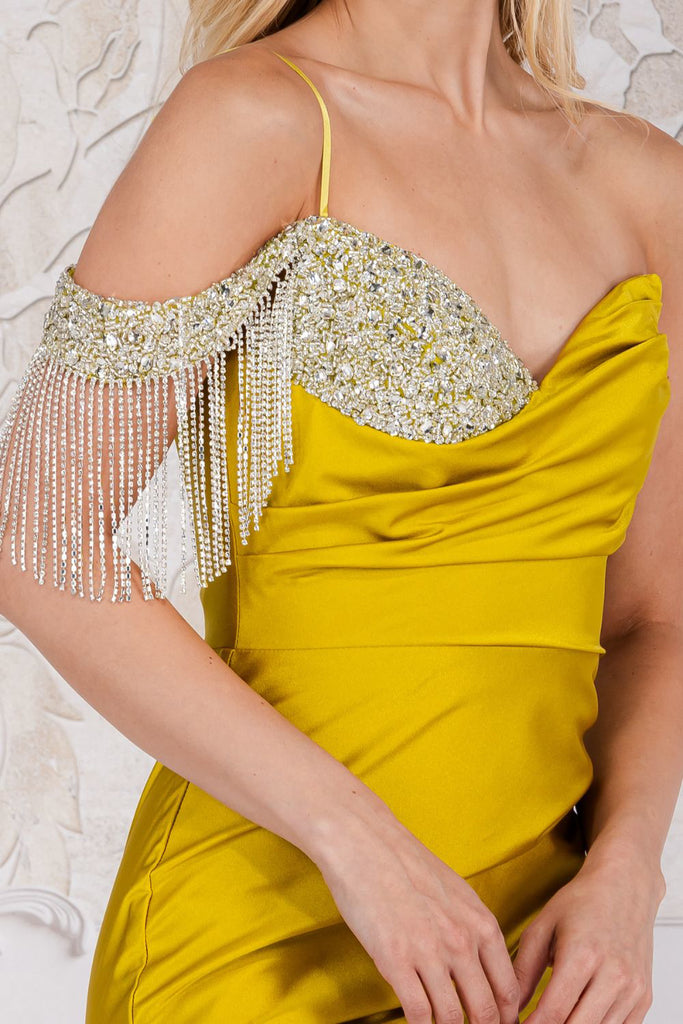 Spaghetti Straps High Side Slit Embellished Jewel Long Prom Dress AC3017