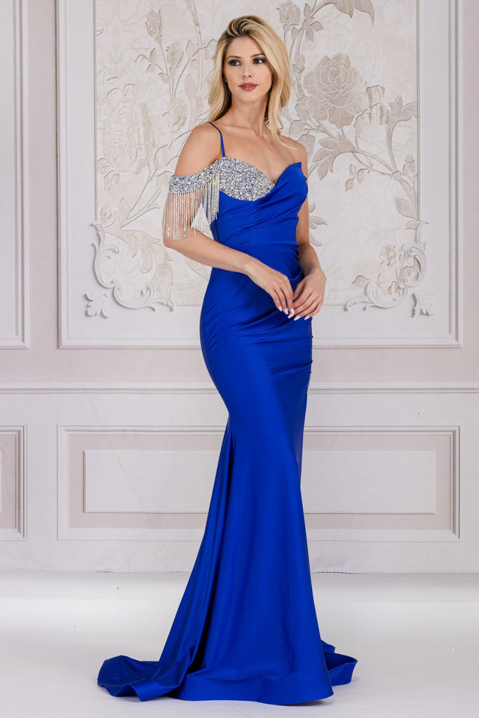 Spaghetti Straps High Side Slit Embellished Jewel Long Prom Dress AC3017