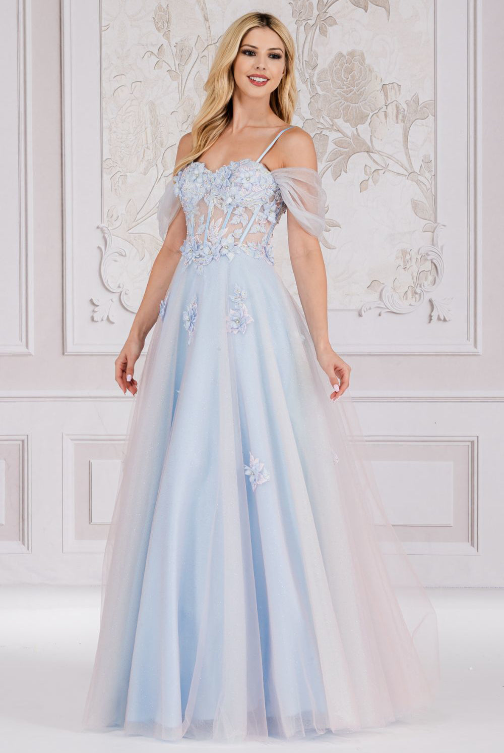 Off Shoulder Embroidered Lace Bodice Spaghetti Straps Long Prom Dress AC7044-Prom Dress-smcfashion.com
