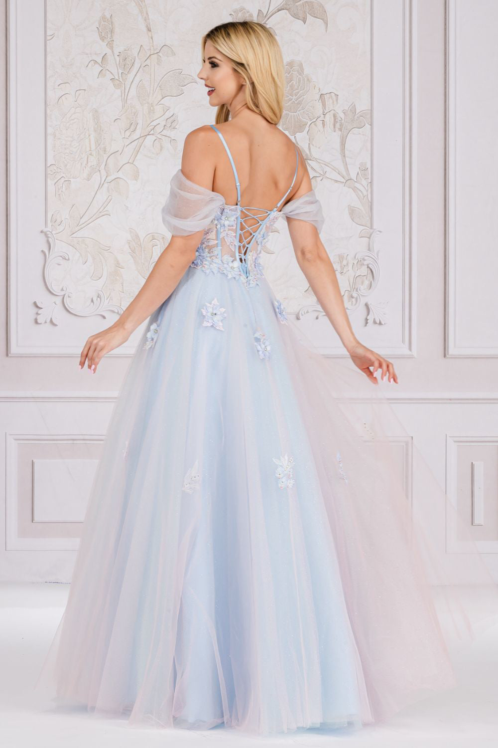 Off Shoulder Embroidered Lace Bodice Spaghetti Straps Long Prom Dress AC7044-Prom Dress-smcfashion.com