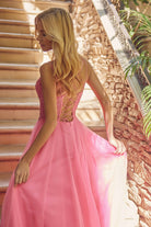 Tulle Skirt Embroidered Bodice Open Criss Cross Back Long Prom Dress JT268-Prom Dress-smcfashion.com
