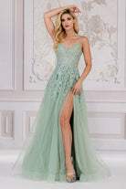 Side Slit Embroidered Lace Open Criss Cross Back Long Prom Dress ACTM1006-Prom Dress-smcfashion.com