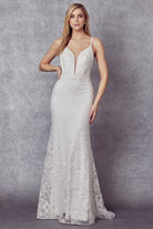 Embroidered Glitter Illusion V-Neck Long Wedding Dress JT272W-Wedding Dress-smcfashion.com