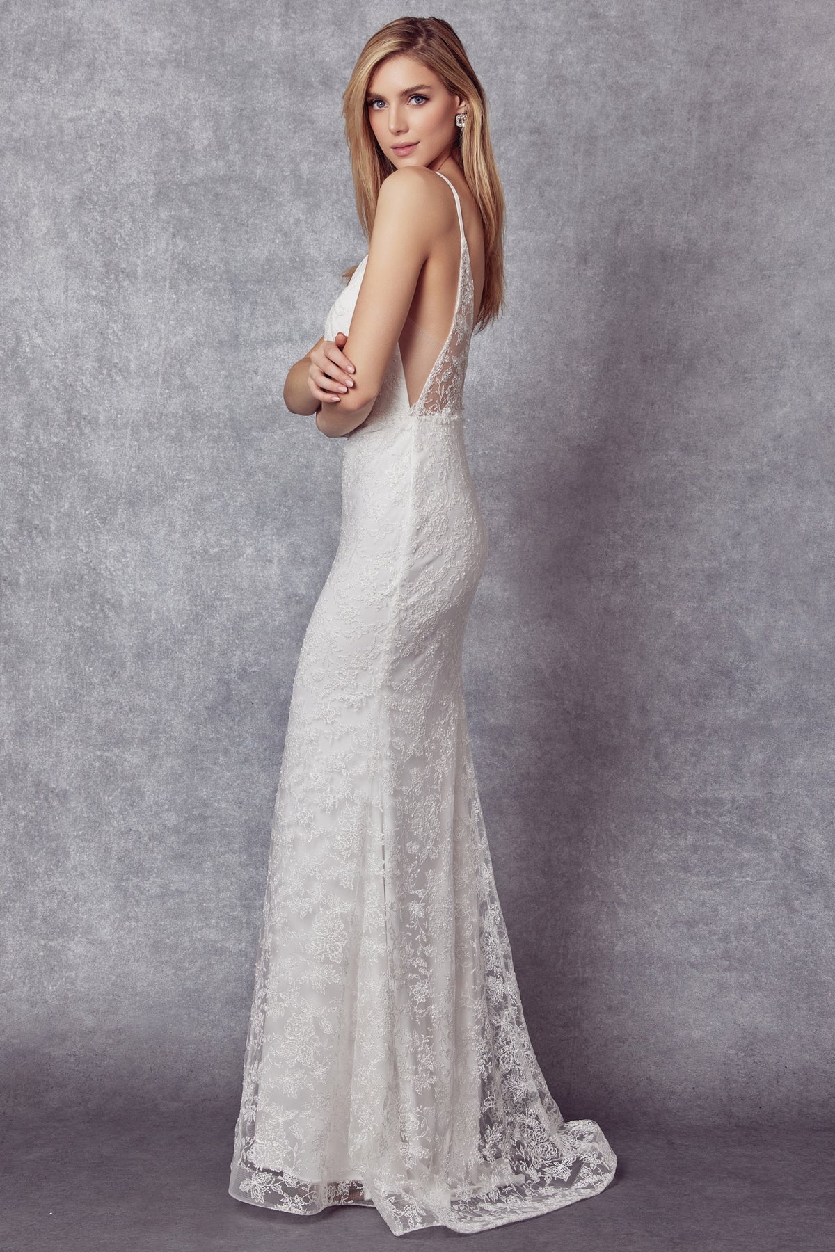 Embroidered Glitter Illusion V-Neck Long Wedding Dress JT272W-Wedding Dress-smcfashion.com