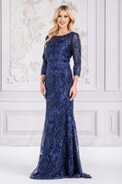 Embroidered Lace Trumpet Sheer 3/4 Sleeves Long Mother Of The Bride Dress AC7045-Mother of the Bride Dress-smcfashion.com