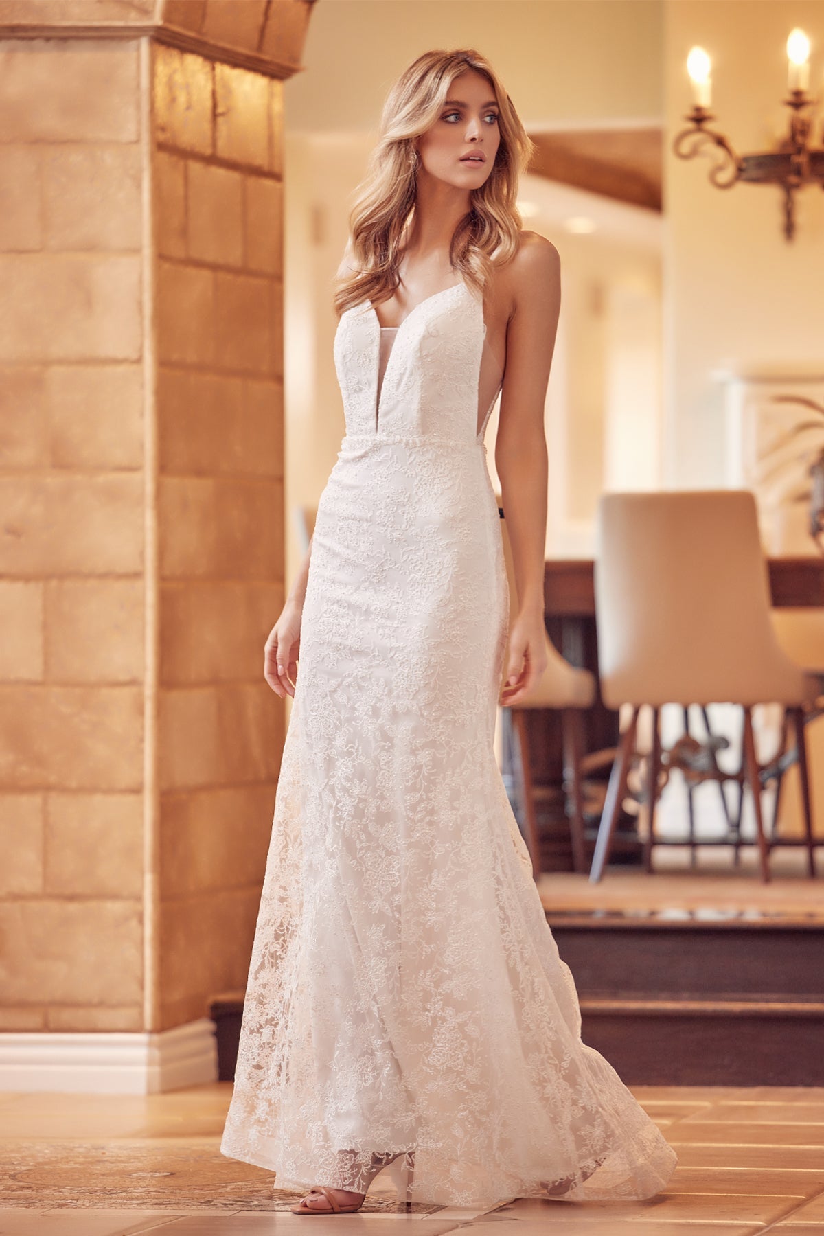 Embroidered Glitter Illusion V-Neck Long Wedding Dress JT272W-Wedding Dress-smcfashion.com