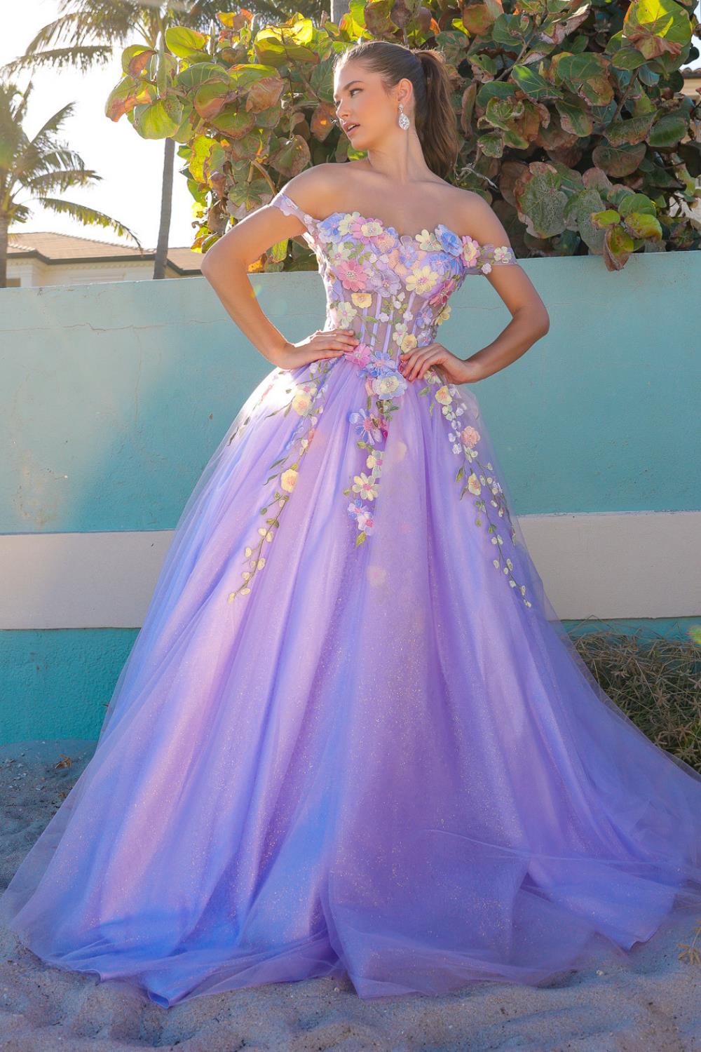 Off Shoulder Tulle Skirt Floral Applique A-Line Long Prom
