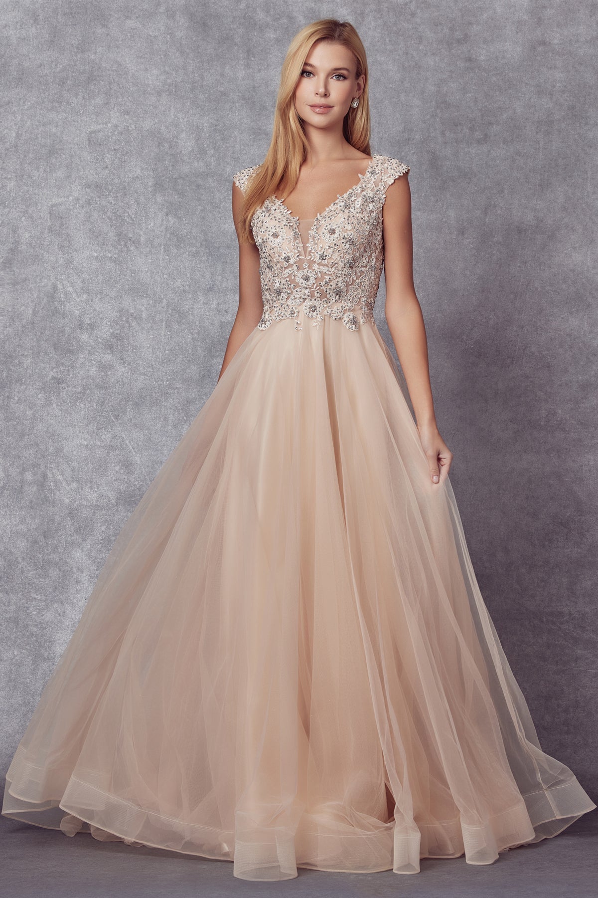 Embroidered Lace Bodice Cap Sleeves Tulle Skirt Long Prom Dress JT684-Prom Dress-smcfashion.com