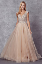 Embroidered Lace Bodice Cap Sleeves Tulle Skirt Long Prom Dress JT684-Prom Dress-smcfashion.com