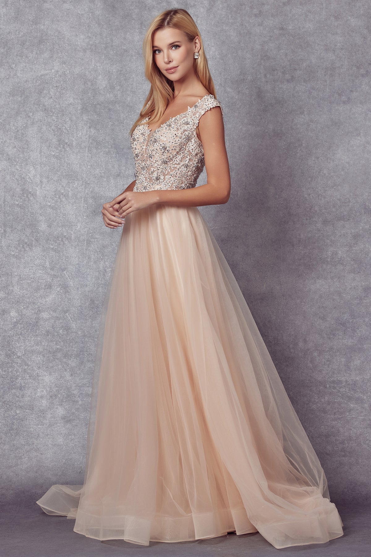 Embroidered Lace Bodice Cap Sleeves Tulle Skirt Long Prom Dress JT684-Prom Dress-smcfashion.com