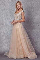 Embroidered Lace Bodice Cap Sleeves Tulle Skirt Long Prom Dress JT684-Prom Dress-smcfashion.com