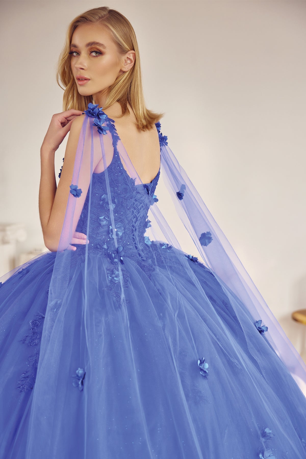 Long Tulle Cape With 3D Flowers Applique Long Quinceanera Dress JT1436-Quinceanera Dress-smcfashion.com