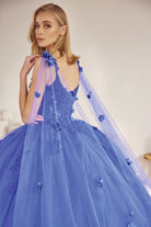 Long Tulle Cape With 3D Flowers Applique Long Quinceanera Dress JT1436-Quinceanera Dress-smcfashion.com