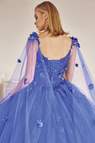 Long Tulle Cape With 3D Flowers Applique Long Quinceanera Dress JT1436-Quinceanera Dress-smcfashion.com