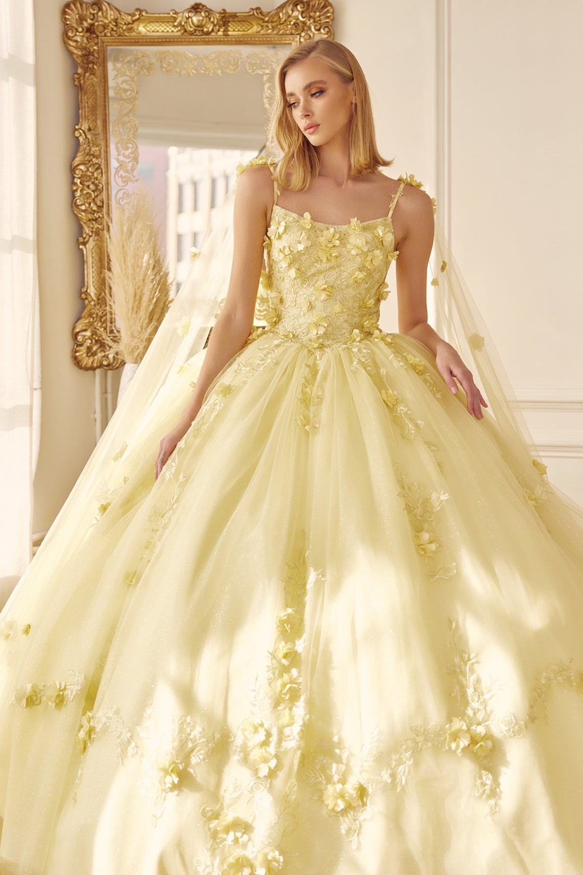 Long Tulle Cape With 3D Flowers Applique Long Quinceanera Dress JT1436-Quinceanera Dress-smcfashion.com