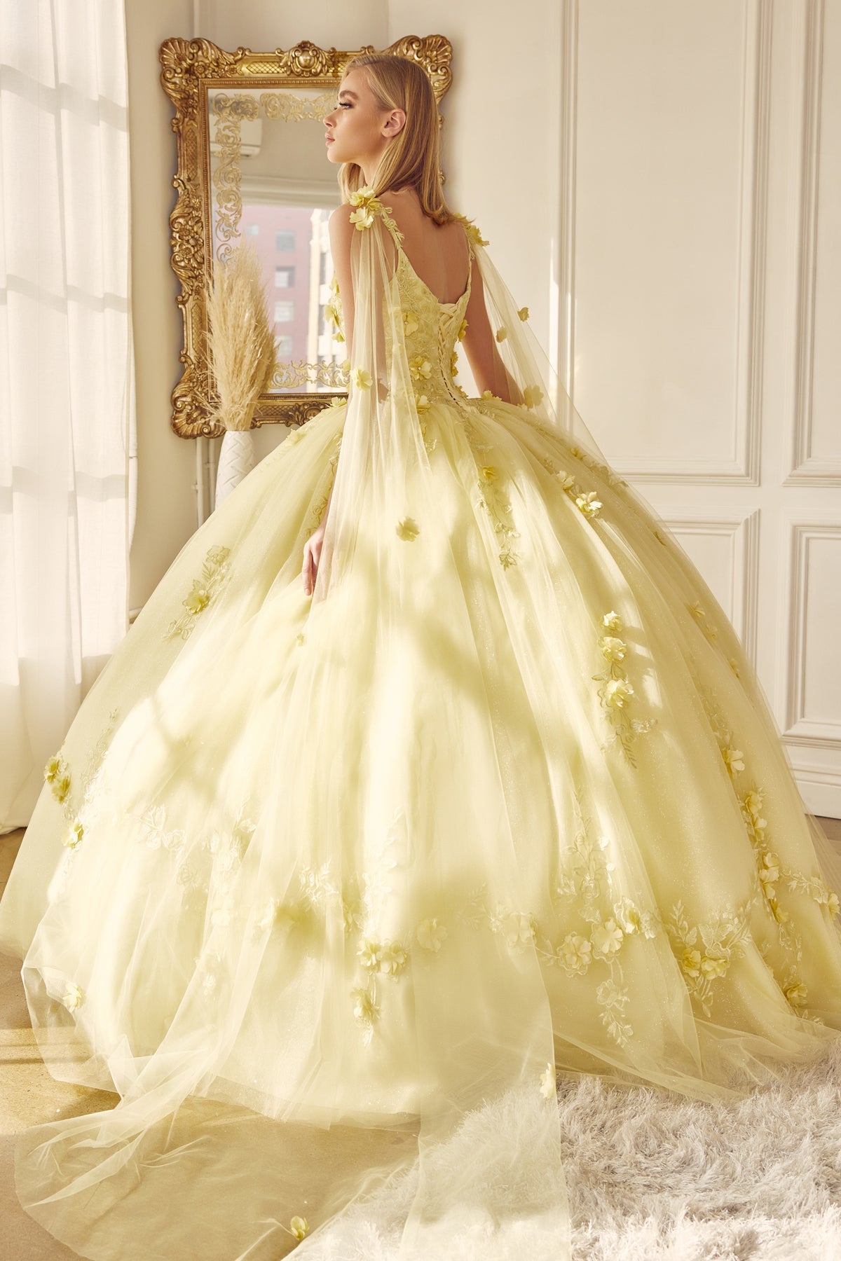 Long Tulle Cape With 3D Flowers Applique Long Quinceanera Dress JT1436-Quinceanera Dress-smcfashion.com